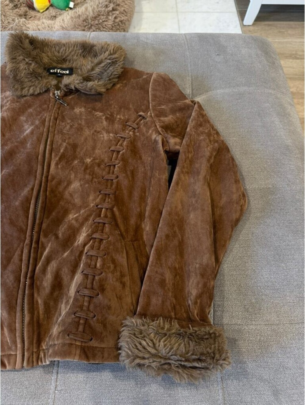 Effeci Brown Suede Leather Jacket Faux Fur Trim Y2K Boho M - Picture 5 of 7